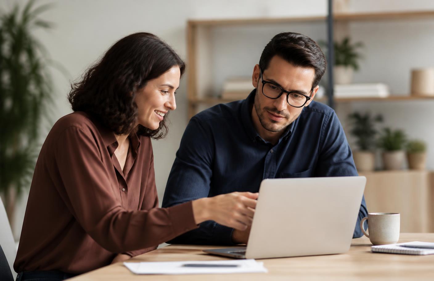 Two colleagues reviewing trust data on a laptop